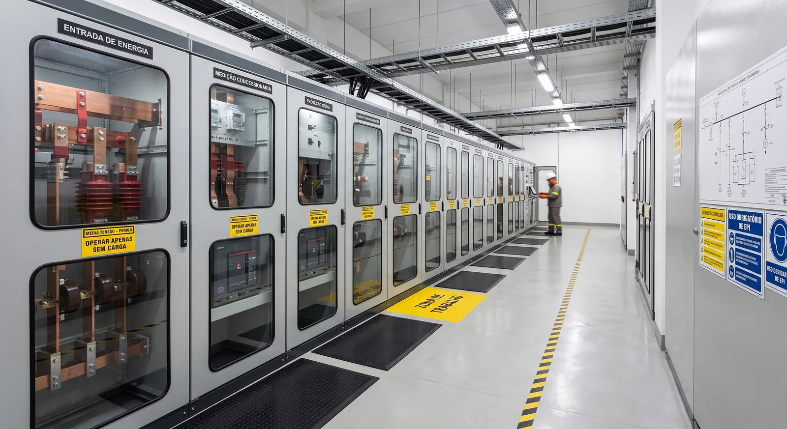Interior de cabine primária de média tensão com cubículos alinhados e sinalização de segurança
