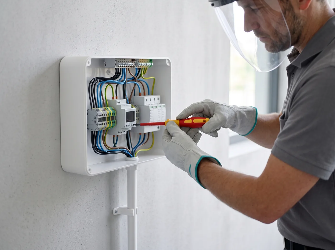 Eletricista com luvas isolantes finalizando a instalação de um quadro de carregador, com cabos organizados e acabamento limpo