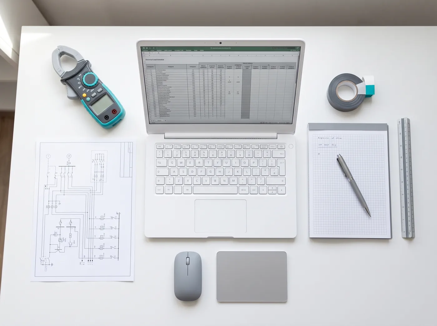 Mesa de trabalho com planta elétrica, alicate amperímetro, planilha de cargas aberta no notebook e escalímetro