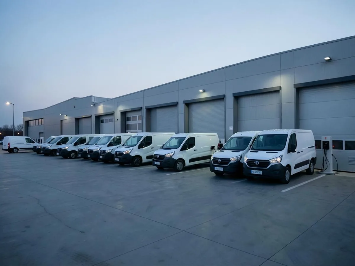 Pátio logístico com vans elétricas conectadas a carregadores ao anoitecer