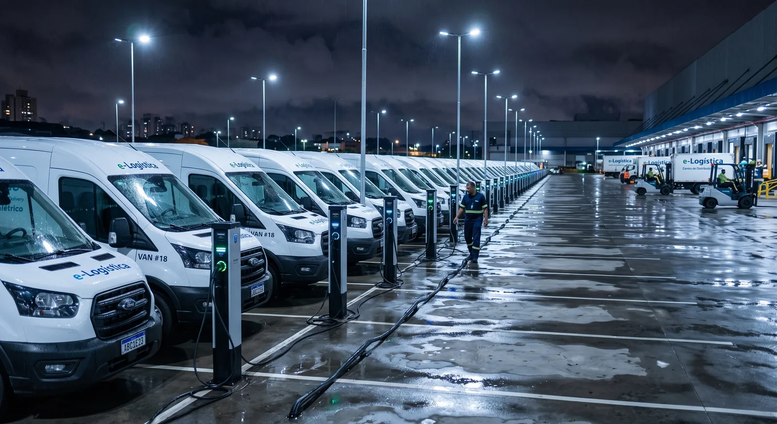 Pátio logístico à noite com fileira de vans elétricas conectadas a carregadores de coluna e um técnico conferindo a operação