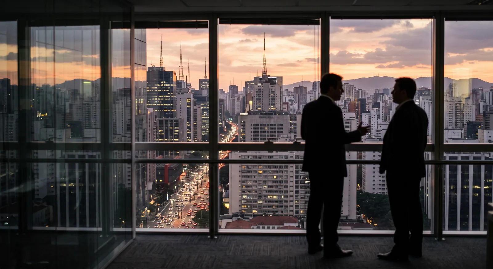 Vista de São Paulo no fim de tarde a partir de um edifício corporativo, com dois executivos conversando em primeiro plano