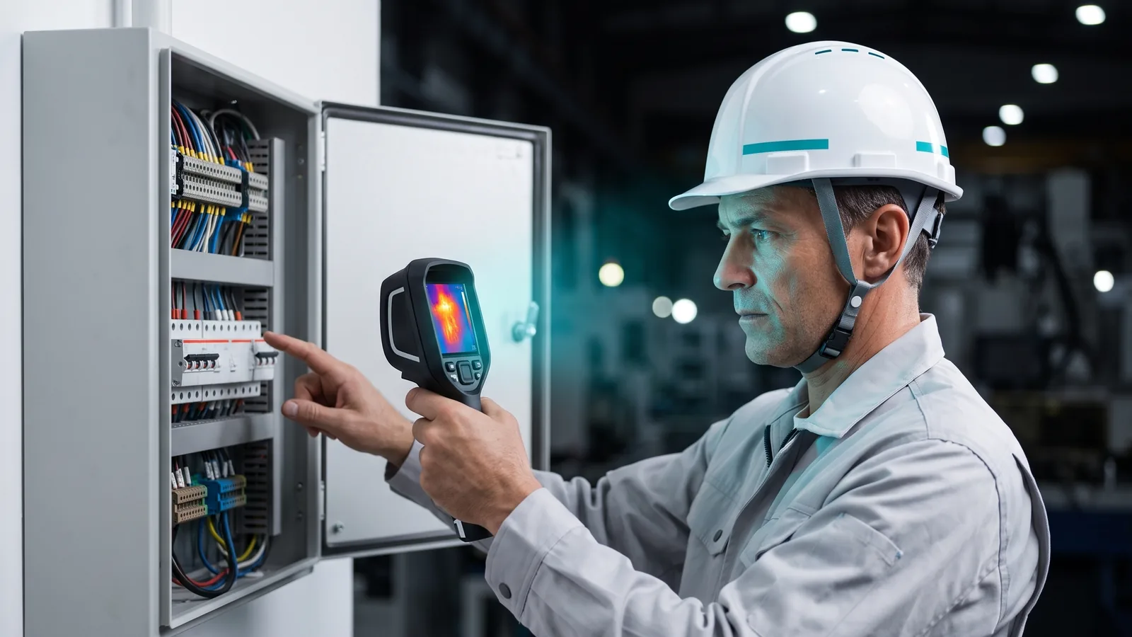 Técnico usando câmera termográfica diante de um quadro elétrico aberto, com o ponto quente visível na tela do equipamento