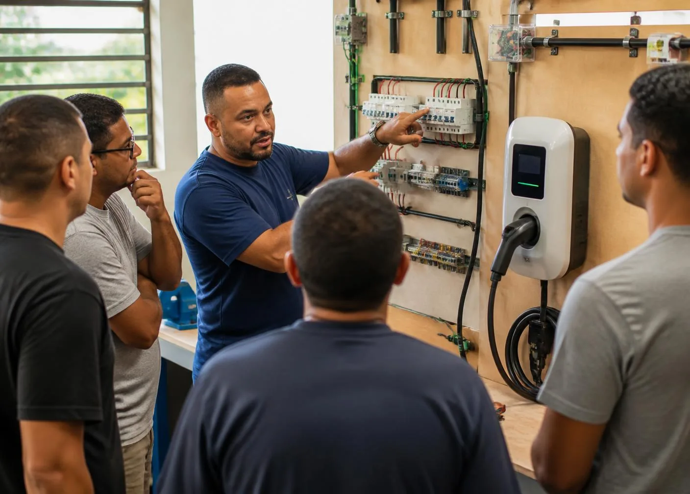 Instrutor da C2B School explicando um quadro elétrico com disjuntores e um carregador para um grupo de técnicos