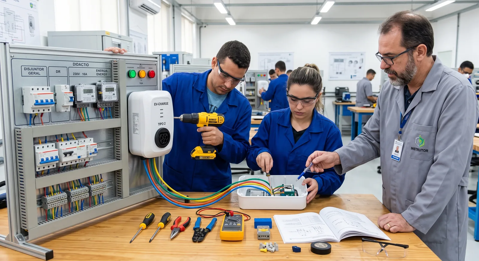 Alunos montando um carregador de parede em painel didático na bancada de treinamento, com instrutor orientando